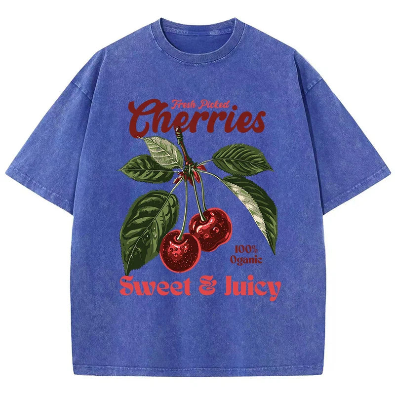 Fresh Picked Cherries Cotton T Shirt for Women with Distressed Oversized O Neck and Sweet Fruit Print Perfect for Casual Wear and Daily Life