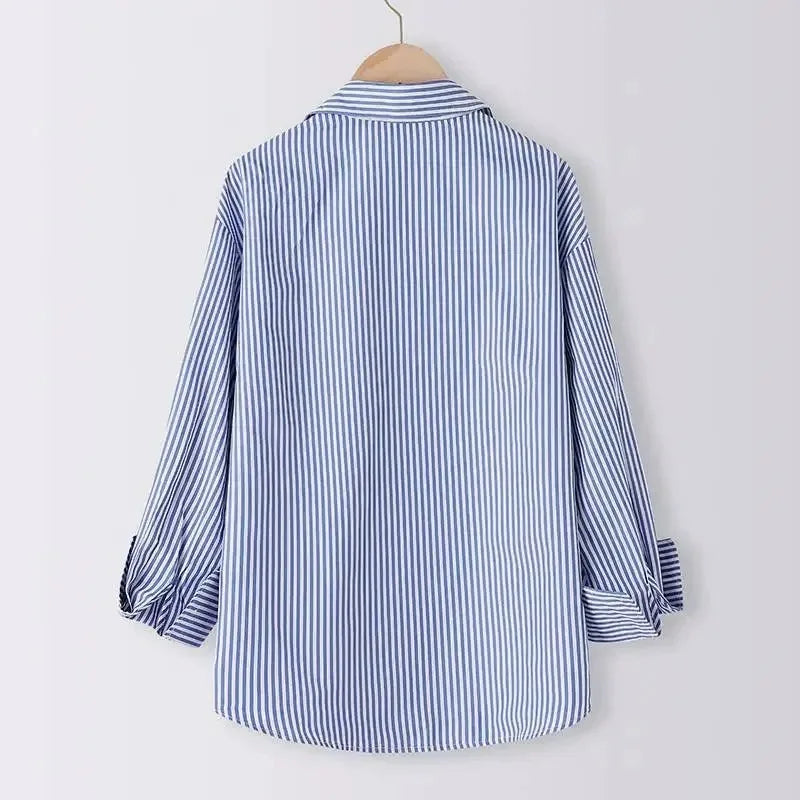 Women Casual Long Sleeve Blouse Blue Striped Turn-Down Collar Lightweight Shirt for Spring and Summer