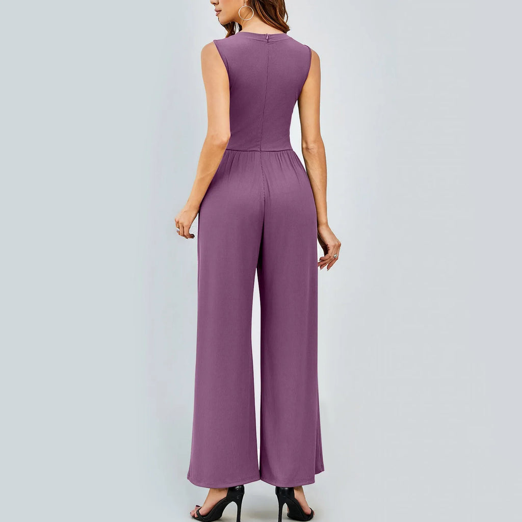 Women Sleeveless High Neck Ribbed Tank Top Jumpsuit Wide Leg Pants Romper with Tummy Control and High Waist Casual Summer Outfit