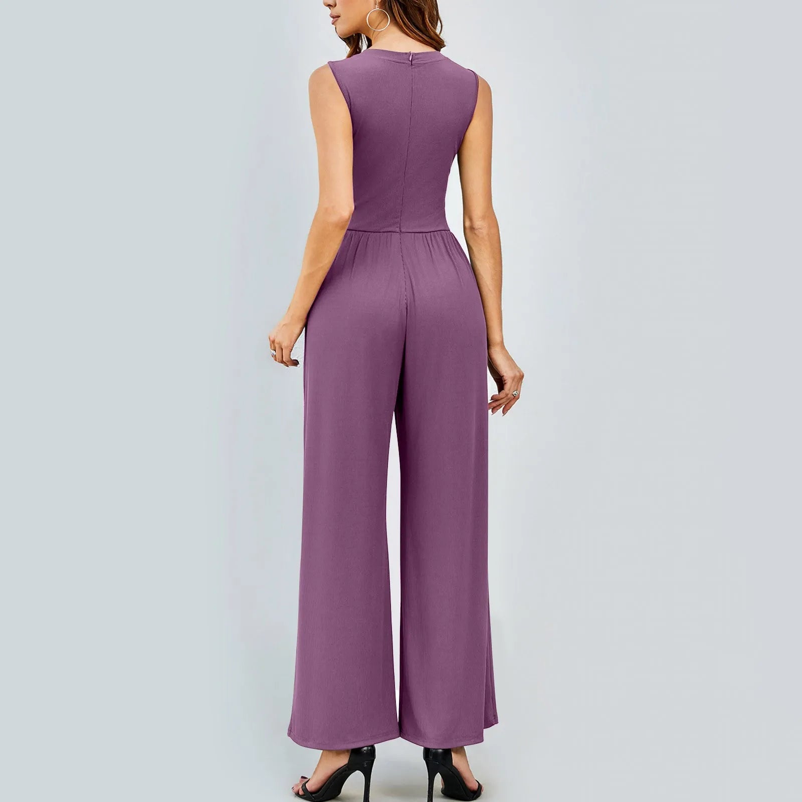 Women Sleeveless High Neck Ribbed Tank Top Jumpsuit Wide Leg Pants Romper with Tummy Control and High Waist Casual Summer Outfit
