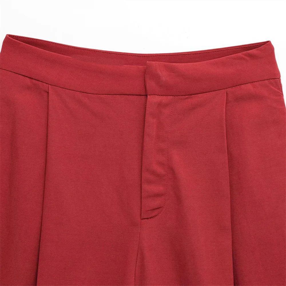 Women's Buttoned Top and Double Pleated Pants Set for Casual Spring and Summer Fashion