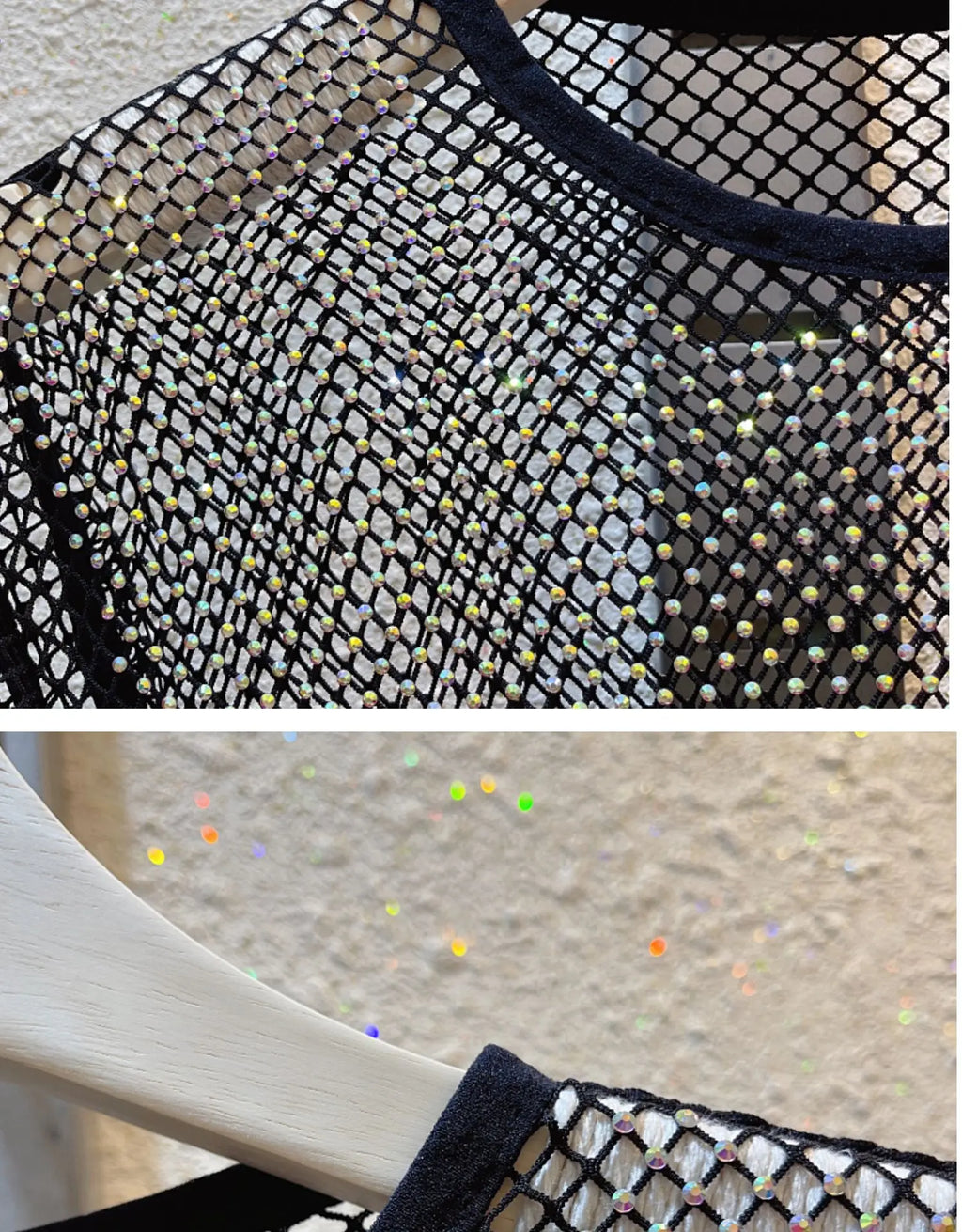 See Through Rhinestone Dress Round Neck Long Sleeve