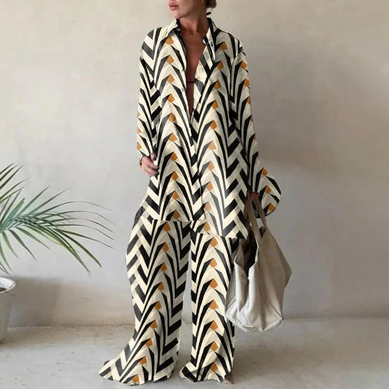 Fashion Printed Loose Long Sleeve Shirt and Straight Leg Pants Set for Women