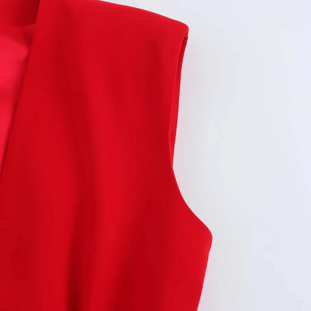 Chic Red Sleeveless Blazer and High Waist Wide Leg Pants Set for Office Ladies with V Neck and Sashes