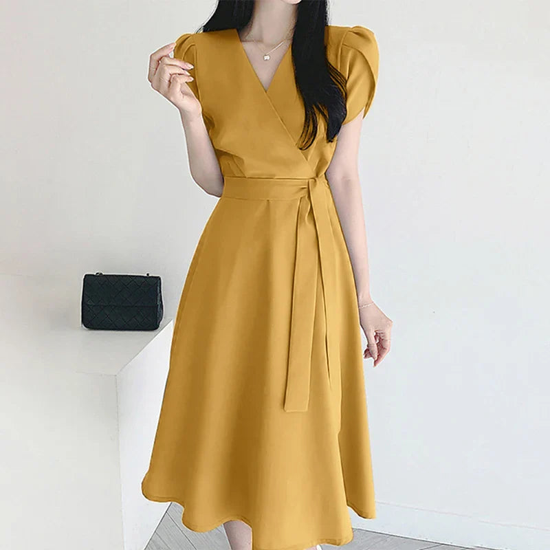 V Neck Midi Dress For Women Solid Cap Sleeve A Line
