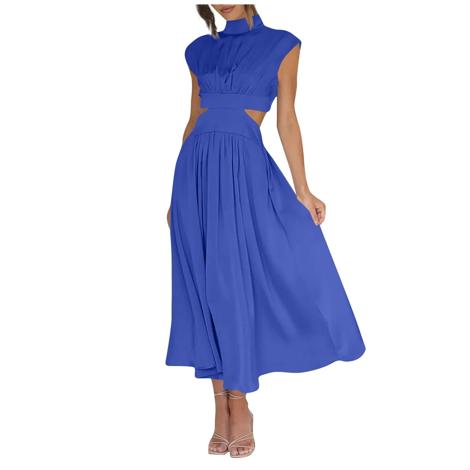 Solid Color High Waist Maxi Dress Sleeveless With Pockets