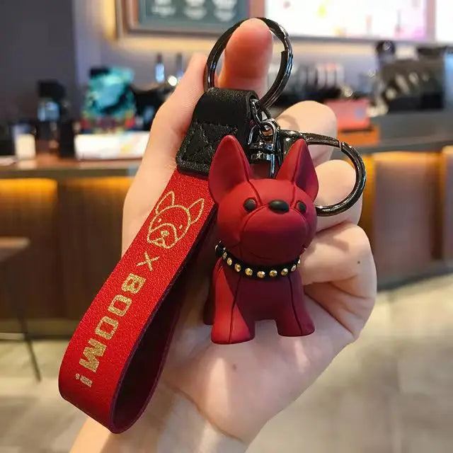 Punk French Bulldog Keychain PU Leather Dog Bag Pendant for Women and Men Car Key Ring