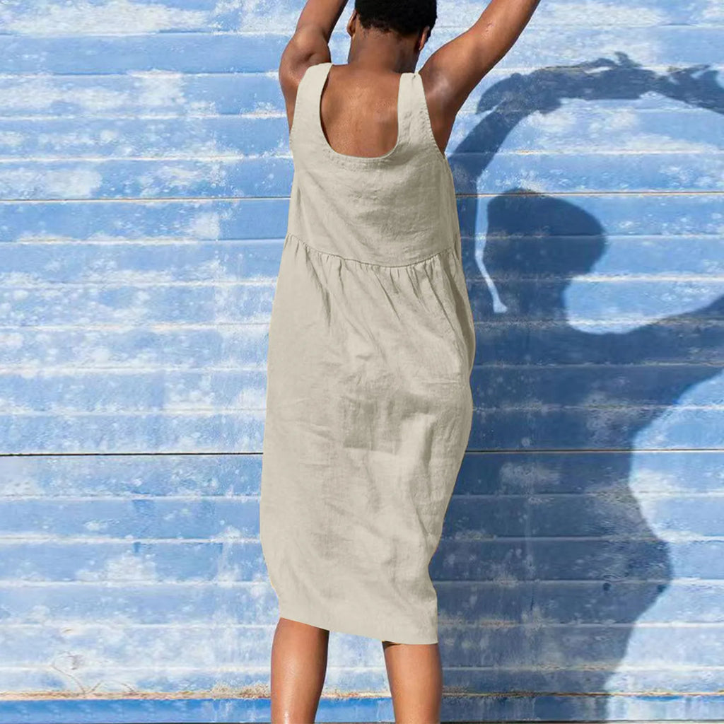 Boho Cotton Linen Sleeveless Dress For Women Summer Holiday