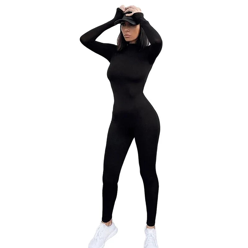 Solid Black Gray Long Sleeve Skiing Jumpsuit for Women Slim Fit Elastic High Waist Fitness Sportwear Romper Streetwear Outfit