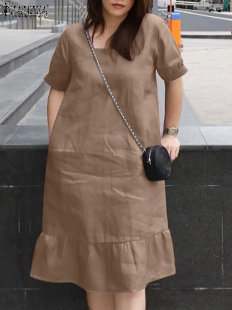 Knee Length Puff Sleeve Dress Women Casual A Line Style