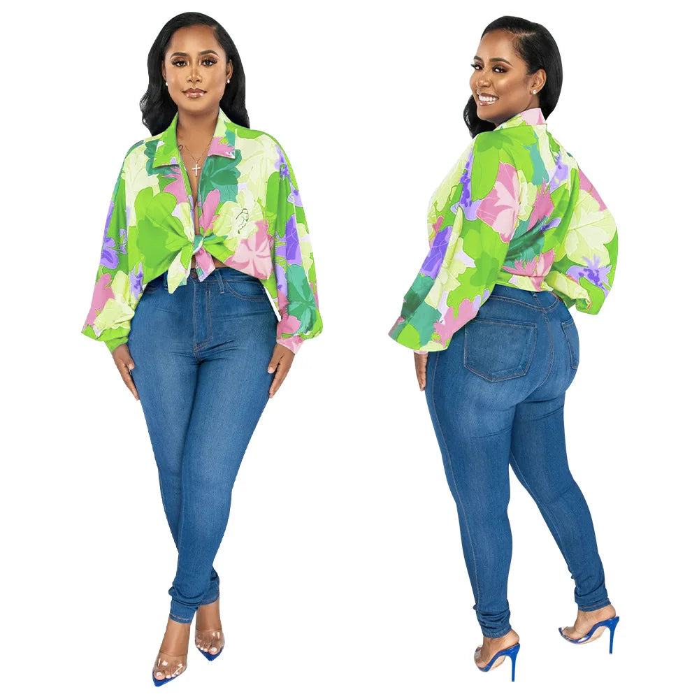 Women's Printed V-Neck Ramie Shirt Loose Bat-Sleeve Summer Top with Belly Cover Age-Reducing Design