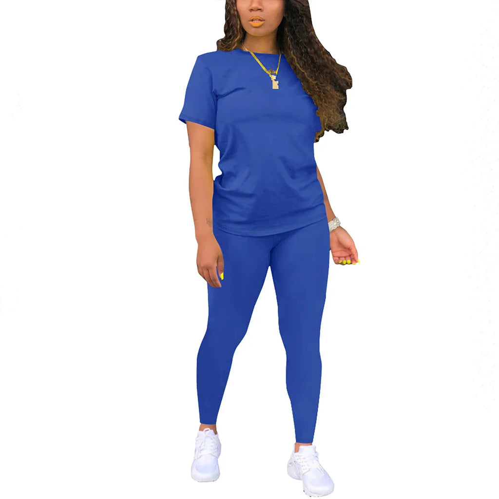 Women's Summer Two Piece Jogger Set with Short Sleeve Top and Matching Shorts