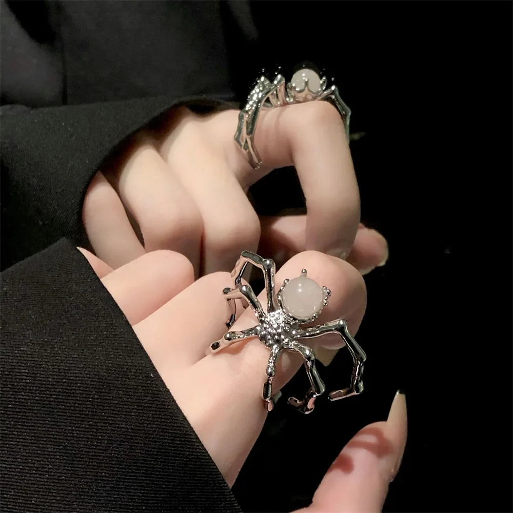 Punk Dark Spider Open Ring with Moonstone for Women Gothic Jewelry