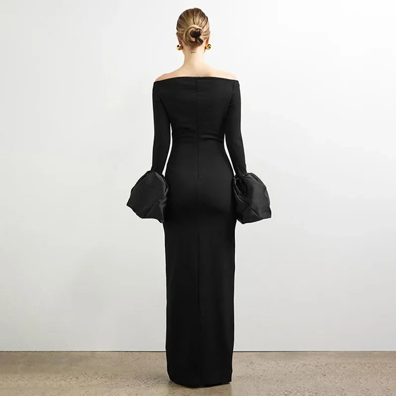 Y2K Strapless Backless Maxi Dress Lantern Sleeve Party