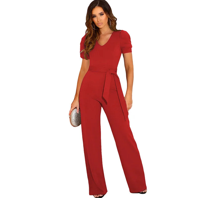 Strap Waist Wrapped Jumpsuit for Women V Neck Short Sleeve Wide Leg Long Pants Solid Color Summer Style