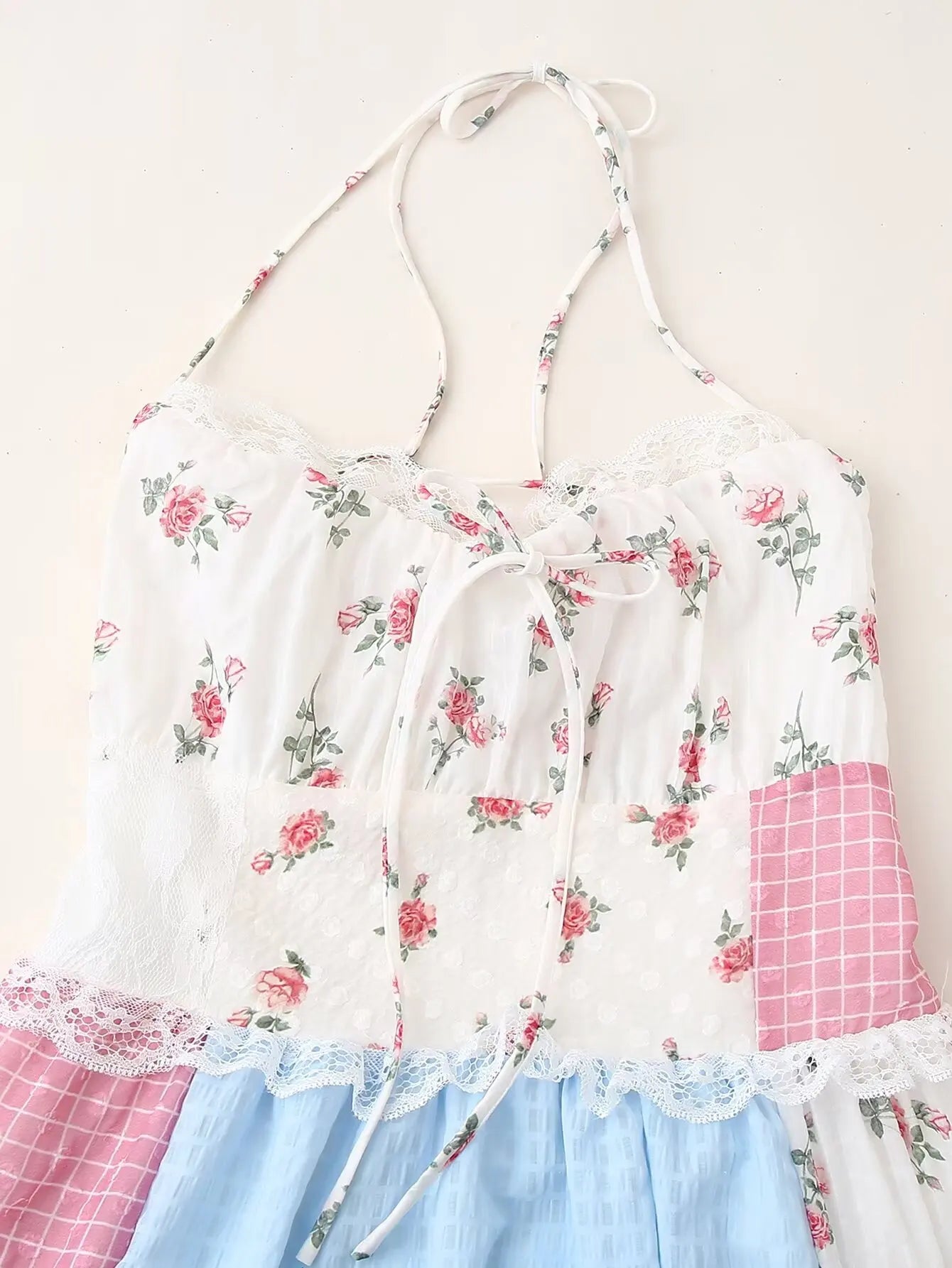 Backless Halter Neck Dress With Lace Stitching For Summer