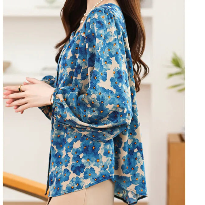 Floral Print Loose Fit Lantern Sleeve Chiffon Blouse Retro Long Sleeve Casual Women's Shirt Top