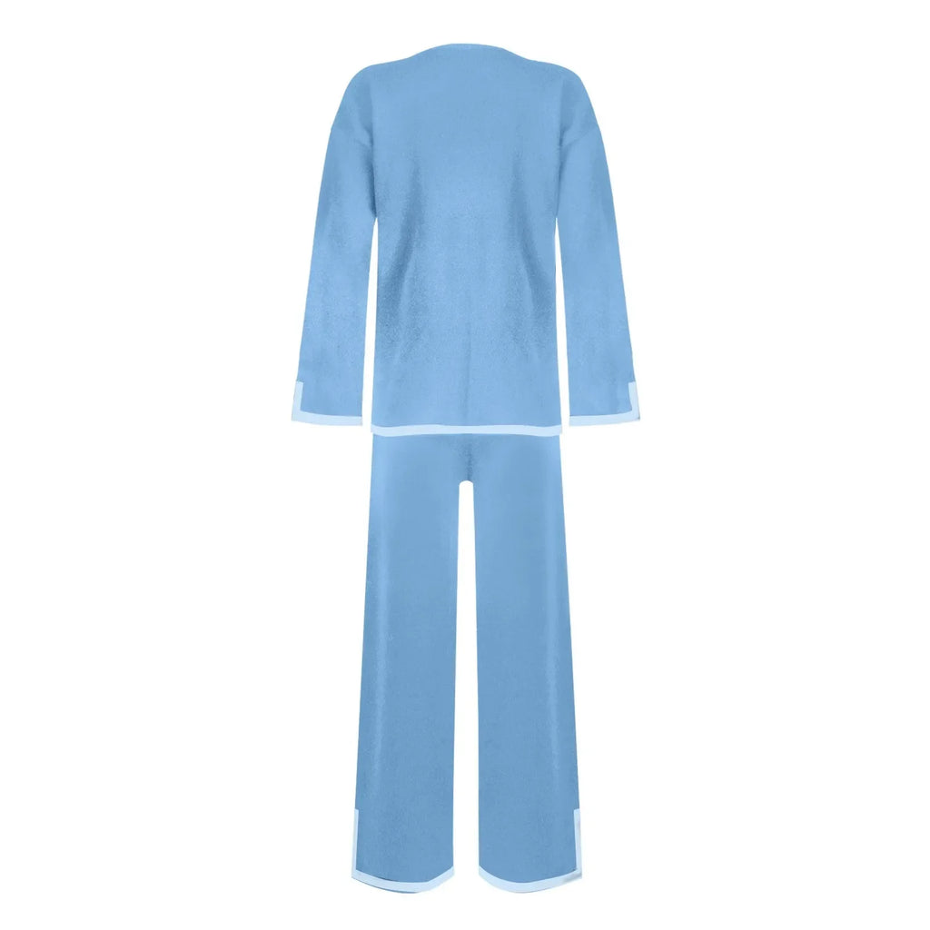 Knitted Women's Casual Two Piece Set with Long Sleeve Sweater and Wide Leg Pants for Comfortable Homewear