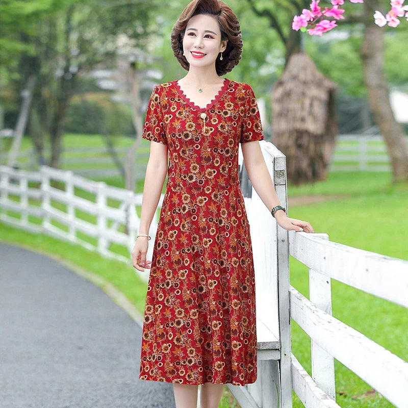 Bohemian Summer Dress With V Neck Print Vintage Midi
