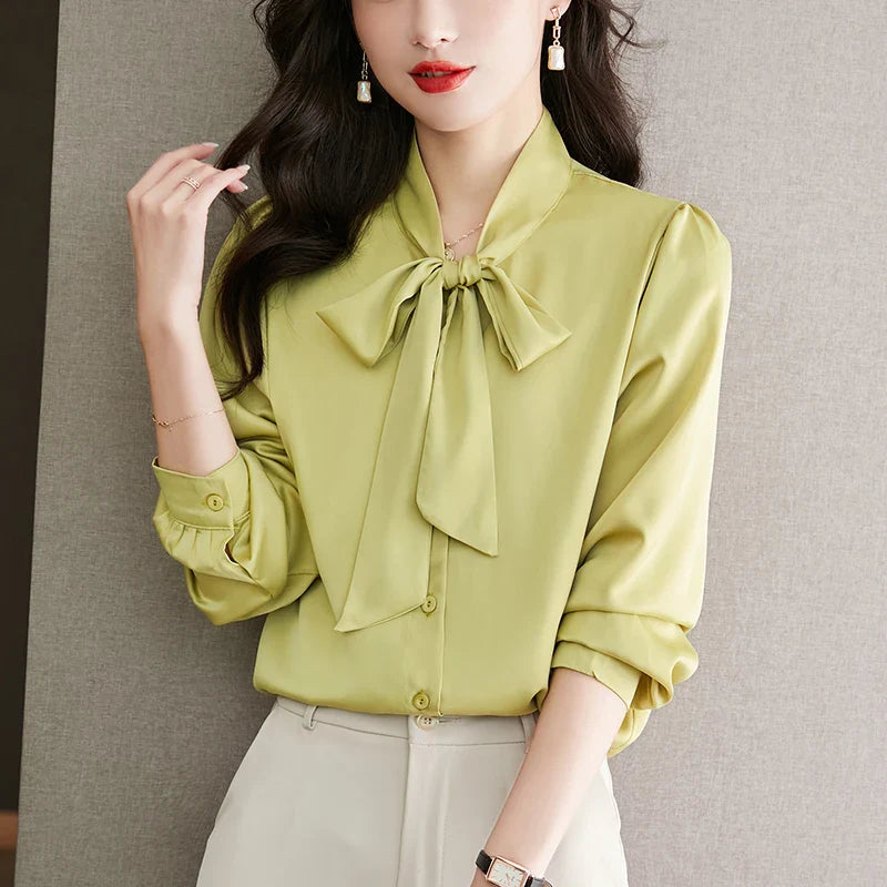 Elegant Women's Long Sleeve Blouse with Bow Collar Casual Loose Fit White Office Shirt Top