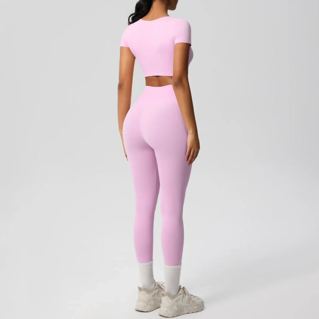 Yoga Set for Women Fitness Sportswear with Short Sleeve Top and High Waist Leggings