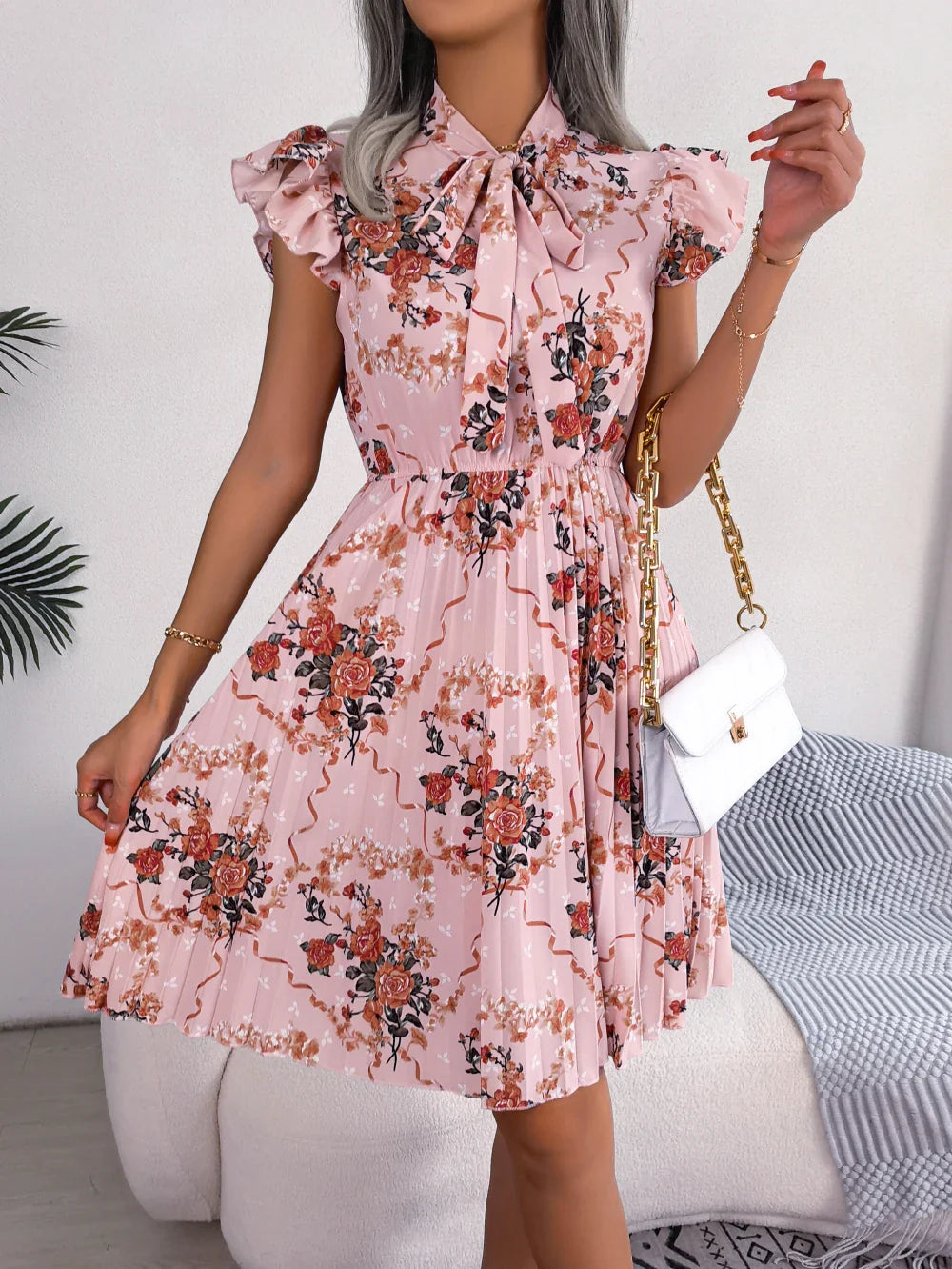 Womens Floral Print Bow Dress With Slim Pleated Waist
