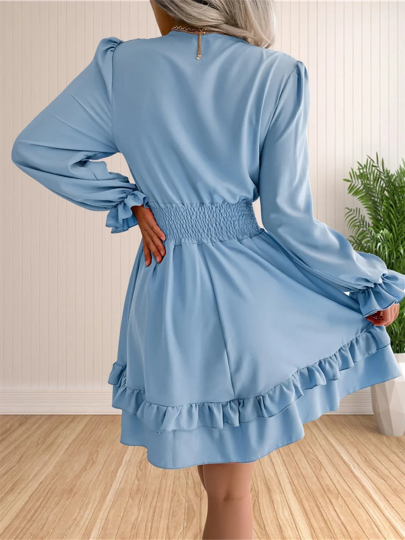 Womens V Neck Knot Front Smocked Waist Tiered Skater Dress