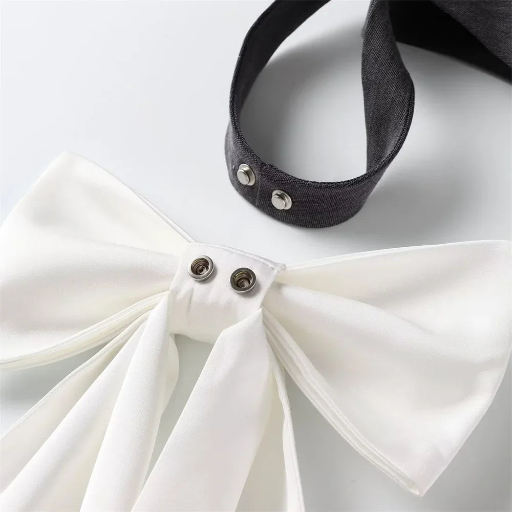 Women's Detachable Butterfly Knot Back Hanging Neck Vest with Pleated Skirt and Pants Set Spring Summer Fashion Ensemble