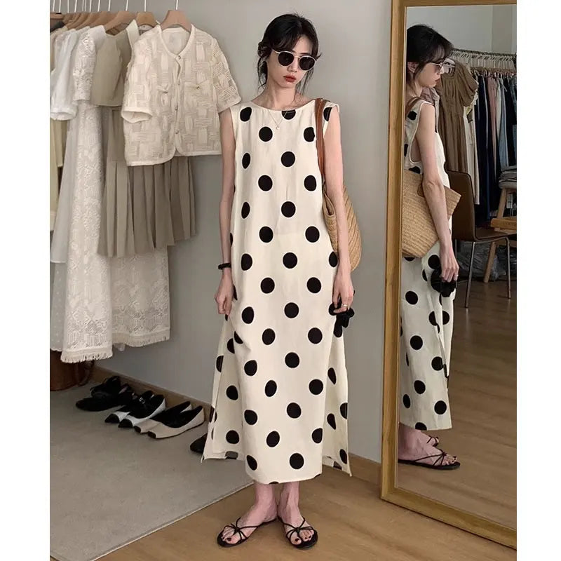 Sleeveless Maxi Dress For Women Side Slit Dot Print