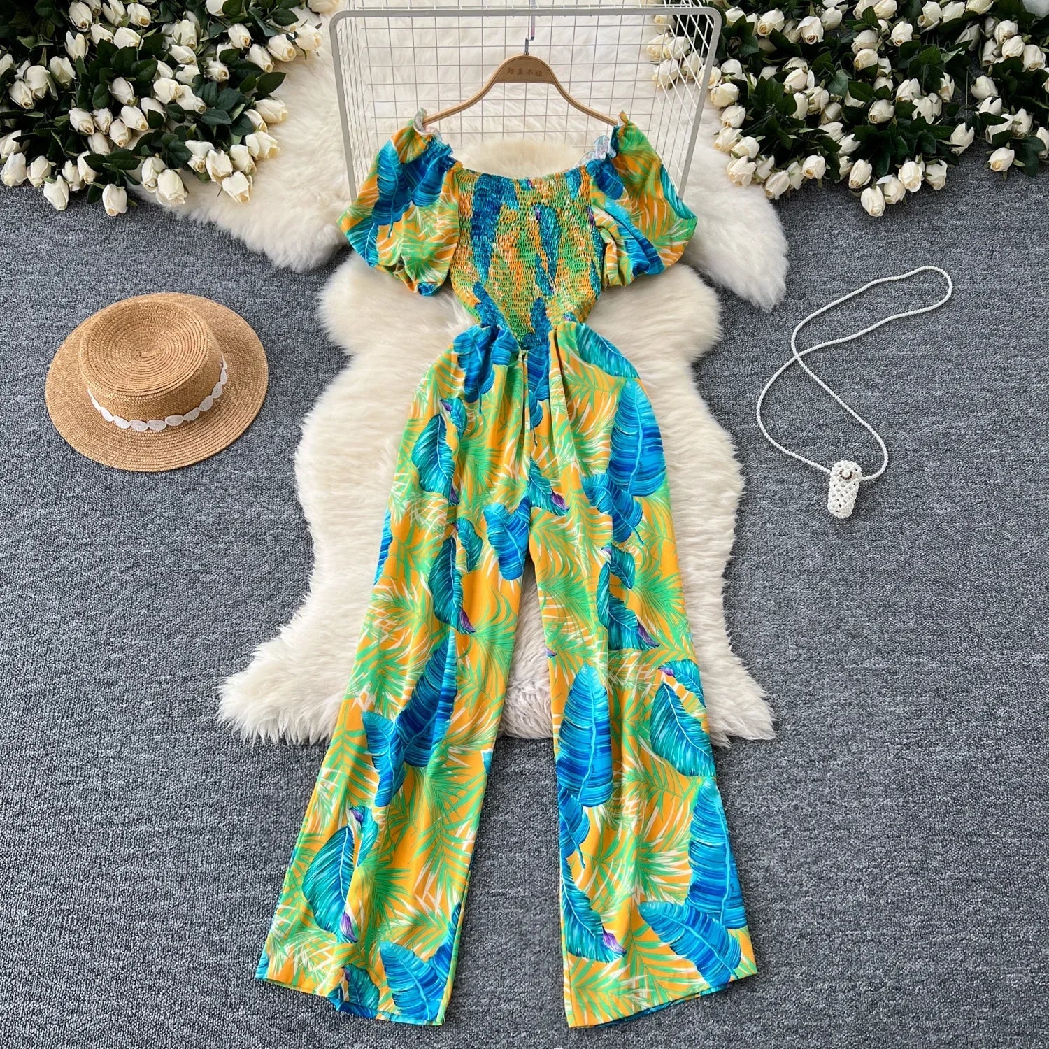 Square Neck Loose Pleated Jumpsuit with Ruffles Backless Design Wide Leg Long Pants Elegant Chic Printed Playsuit for Women