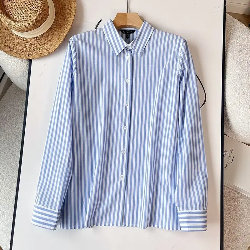 Women's Blue Pure Linen Striped Shirt Comfortable Casual Commuting Top Spring Autumn Lightweight Blouse
