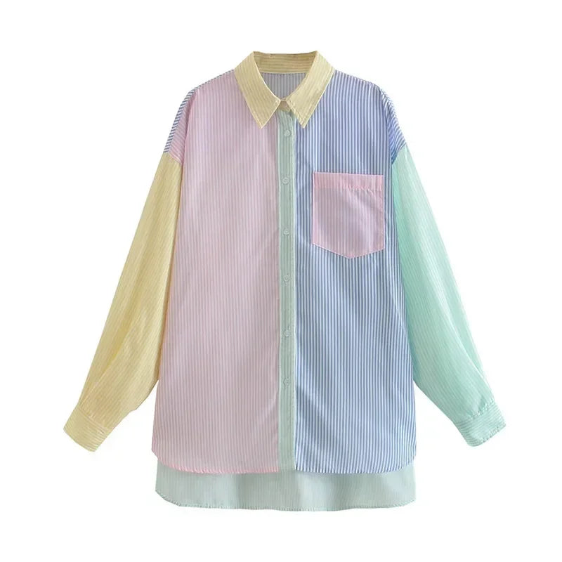 Women Casual Colorblock Striped Long Sleeve Button Up Tunic Shirt with Turn Down Collar Daily Wear Top