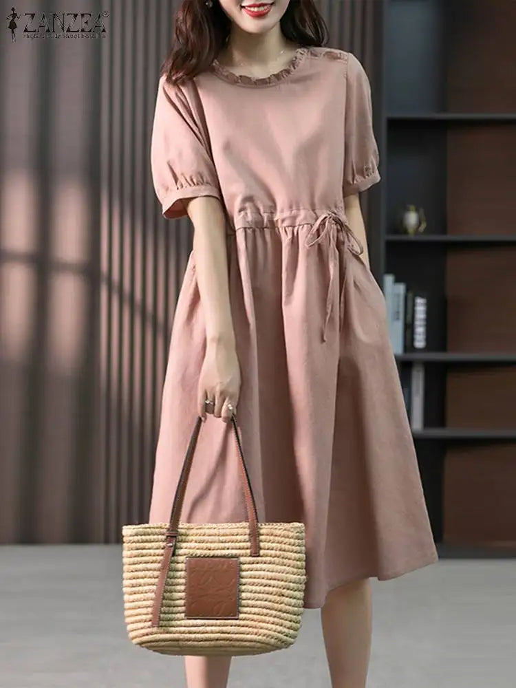 Korean Style Ruffle Midi Sundress With Belt And Pockets