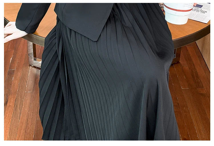 Faux Two Piece Dress With Blazer Collar Pleated Skirt