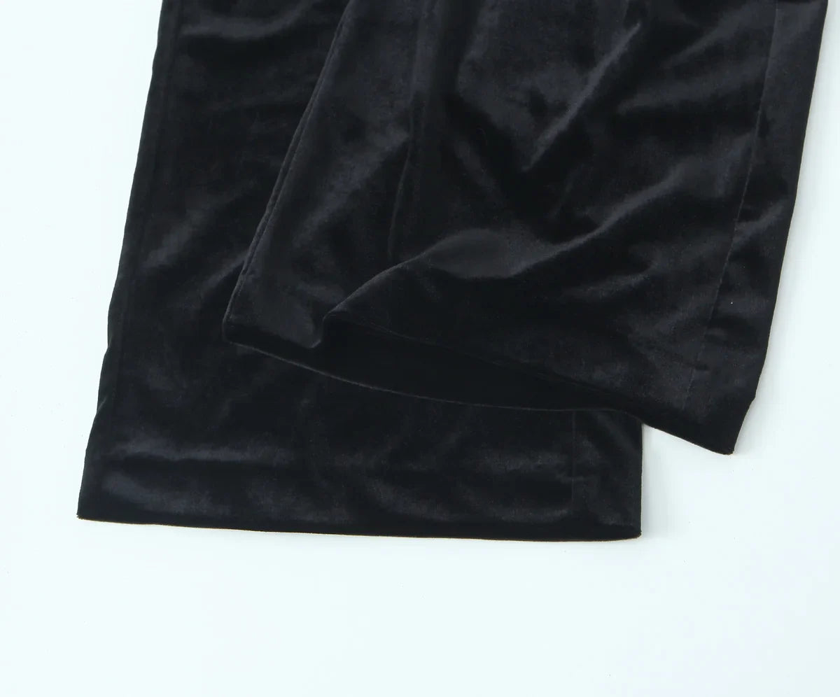 Women's Fashion Velvet Trouser Set with Wide Leg Pants and Long Sleeve Coat Top for Stylish Streetwear Outfit