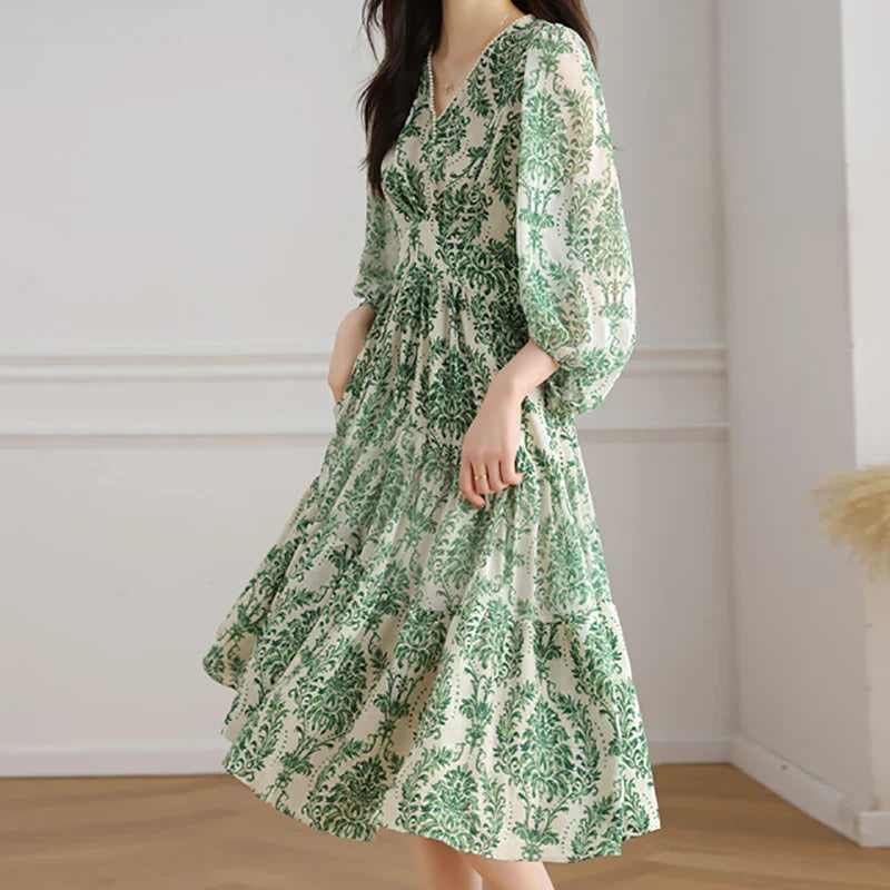 Floral Chiffon Dress For Women V Neck A Line Dress