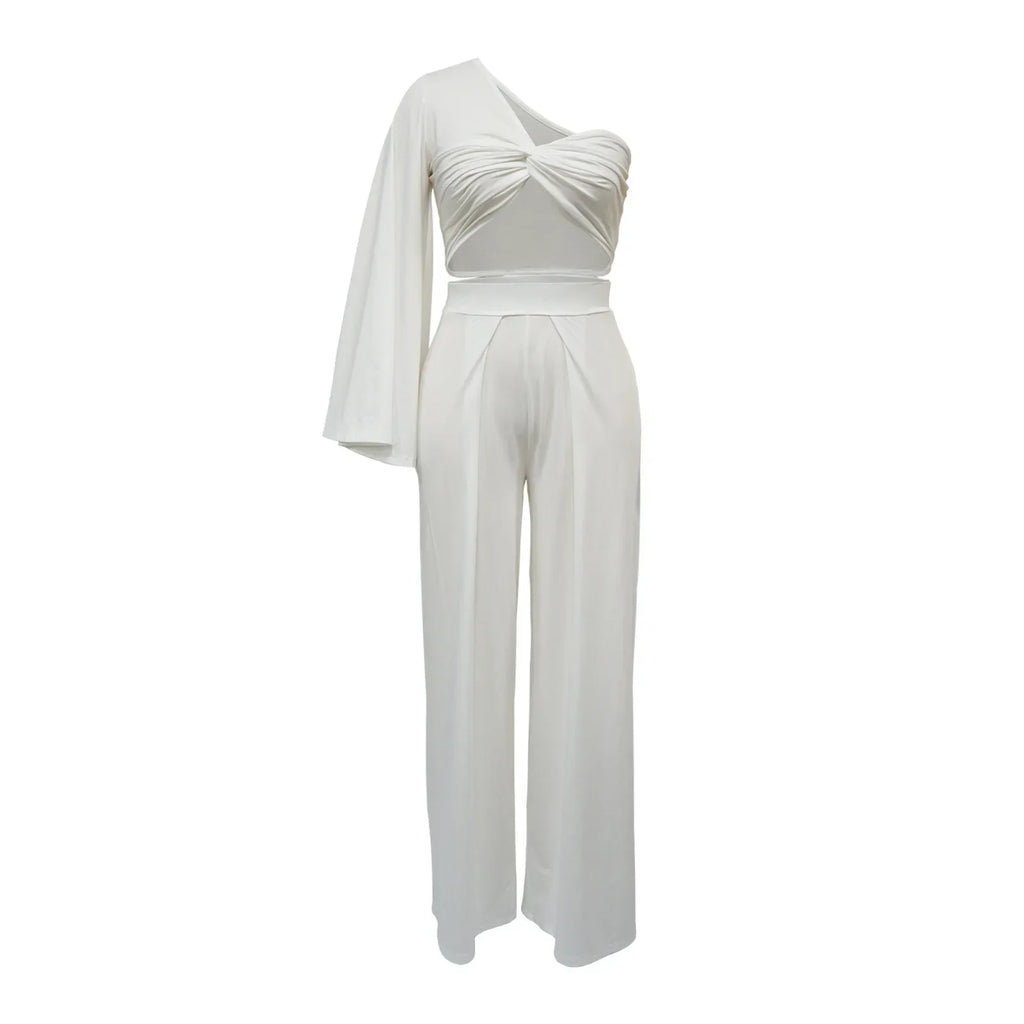 Women's Ruched One Shoulder Sleeve Crop Top and Wide Leg Pants Two Piece Set Outfit