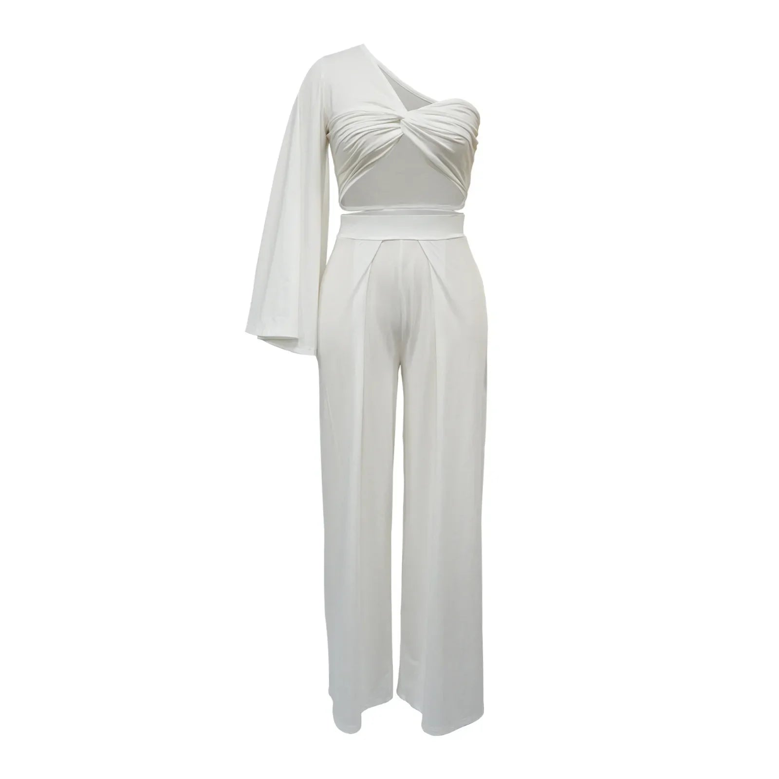 Women's Ruched One Shoulder Sleeve Crop Top and Wide Leg Pants Two Piece Set Outfit