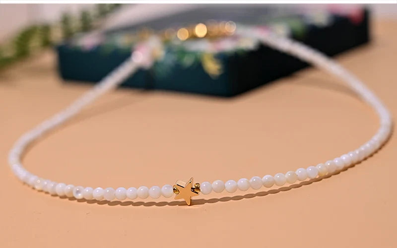Natural Shell Beads Heart Choker Necklace for Women with Stainless Steel and Copper Star