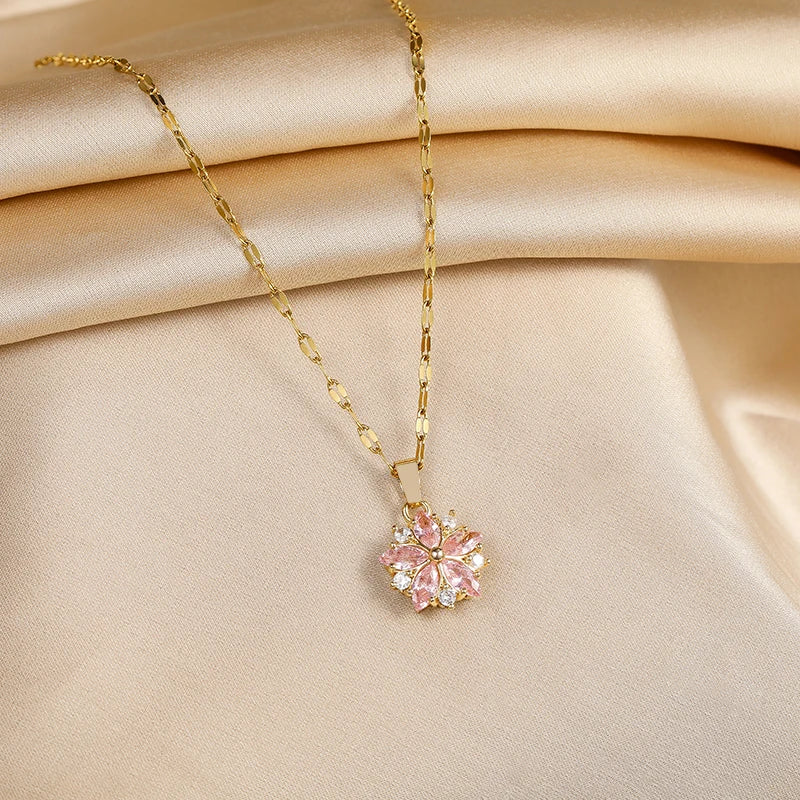 Cute Pink Sakura Pendant Stainless Steel Necklace for Women with Clavicle Chain and 18K Gold Plating, Perfect Gift for Fashion Lovers