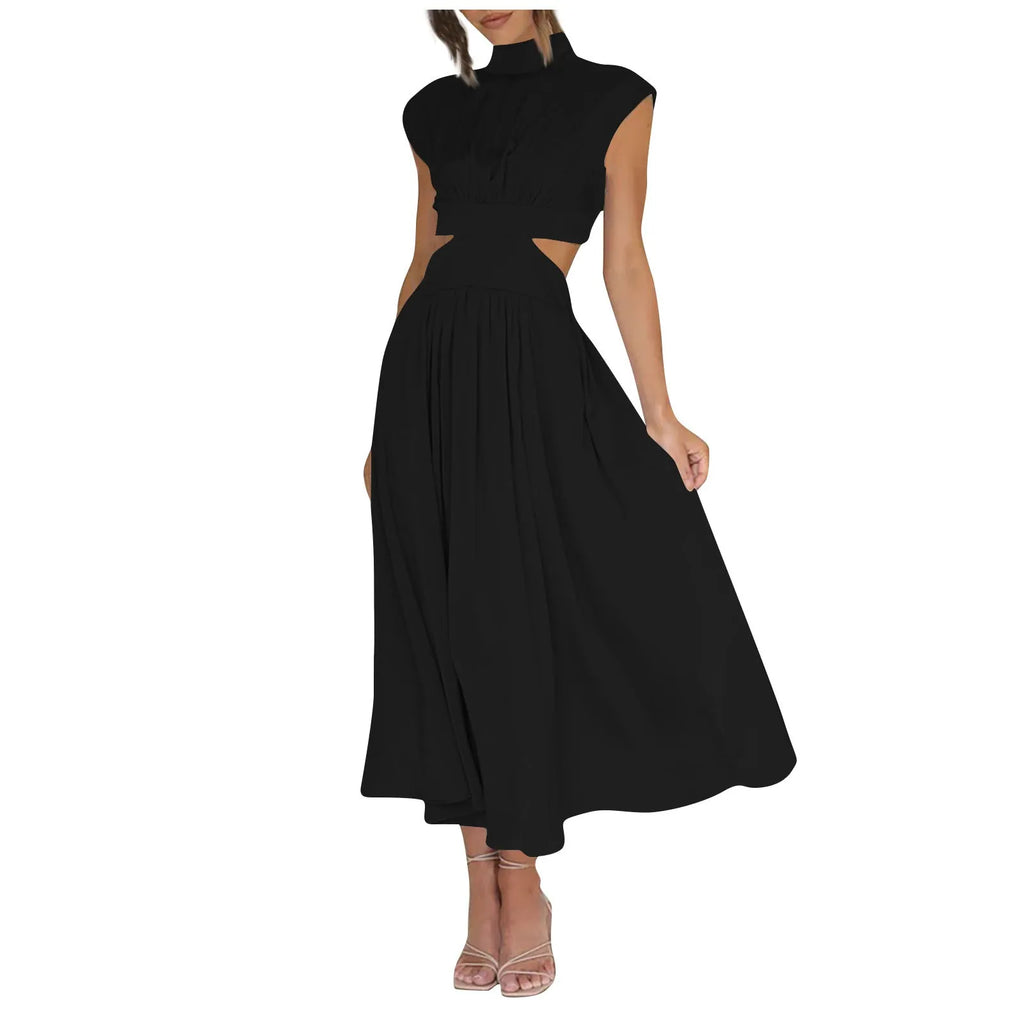 Solid Color High Waist Maxi Dress Sleeveless With Pockets