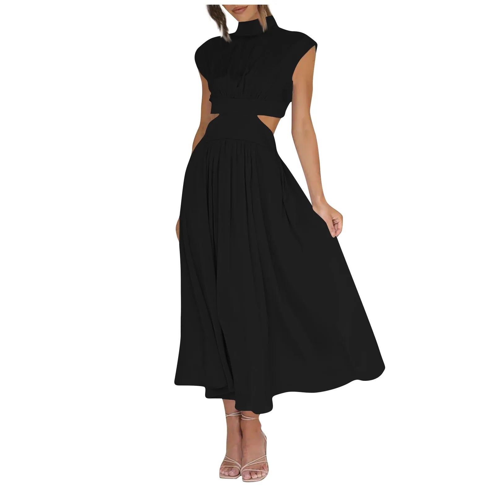 Solid Color High Waist Maxi Dress Sleeveless With Pockets
