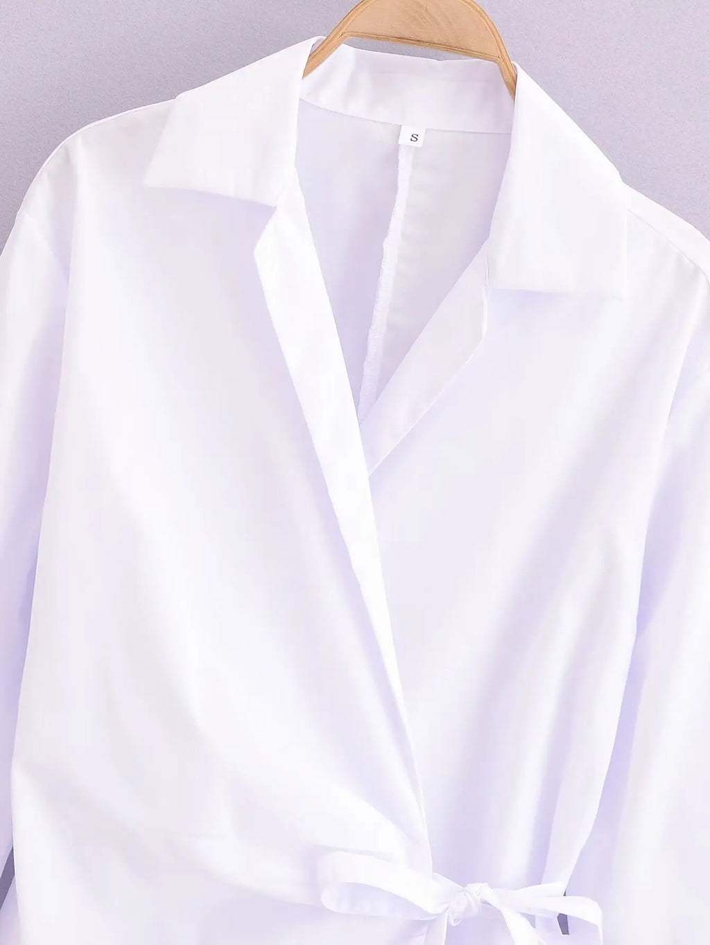 Women's Summer Lapel Poplin Shirt Long Sleeve Slim Fit Bow Tie Wrap Solid Color Blouse