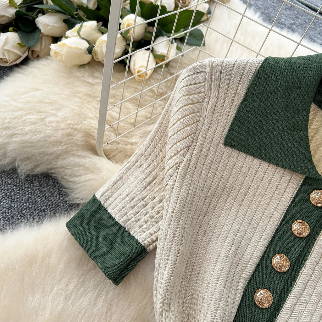 Patchwork Knitted Polo Collar Dress For Women Spring Summer