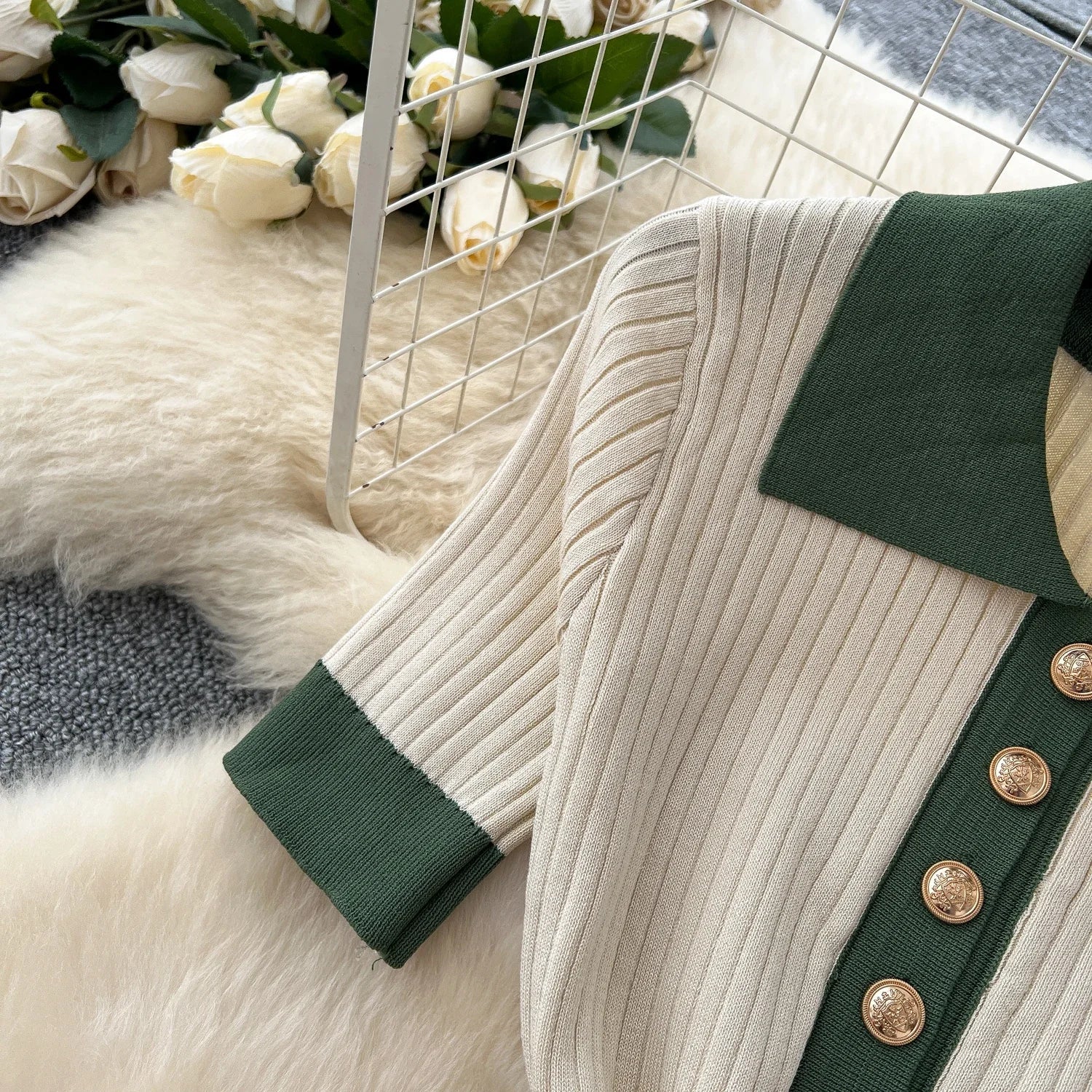 Patchwork Knitted Polo Collar Dress For Women Spring Summer