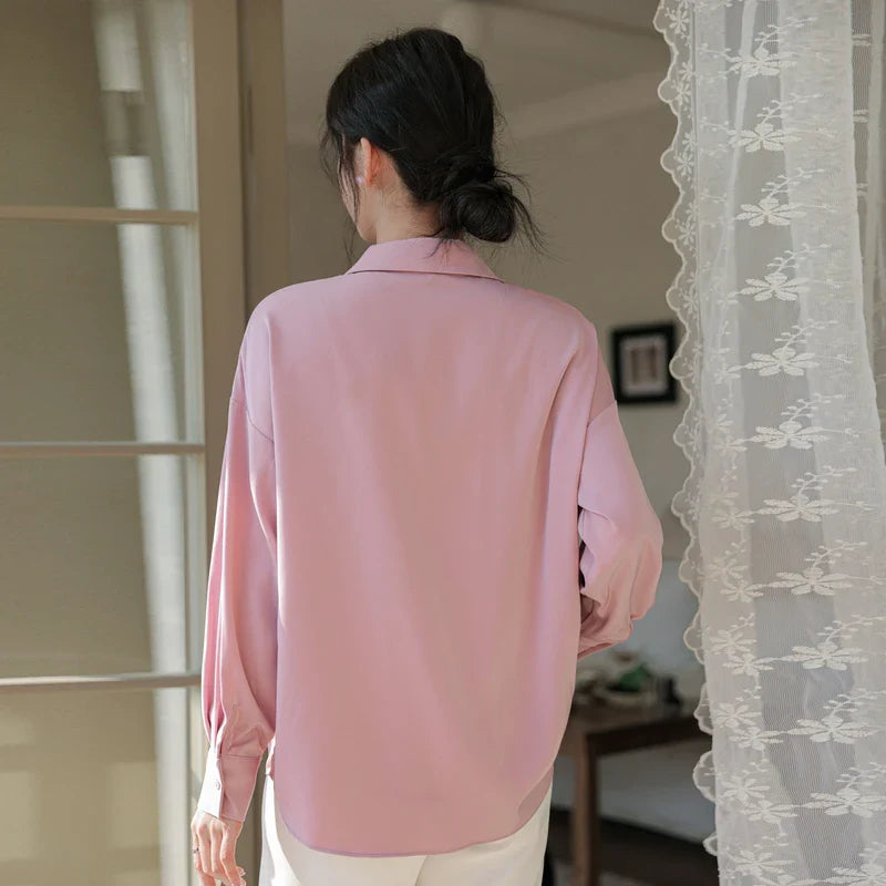 Soft Pink Long Sleeve Women's Shirt Elegant Casual Commuter Top with Gentle Feminine Style