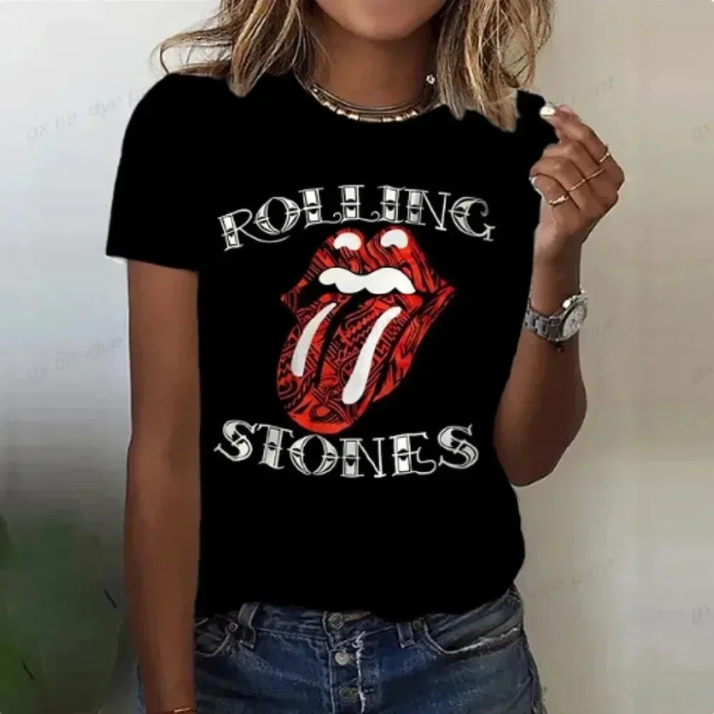 Rolling Stones Funny Print Women T Shirt Short Sleeve O Neck Red Tee Top