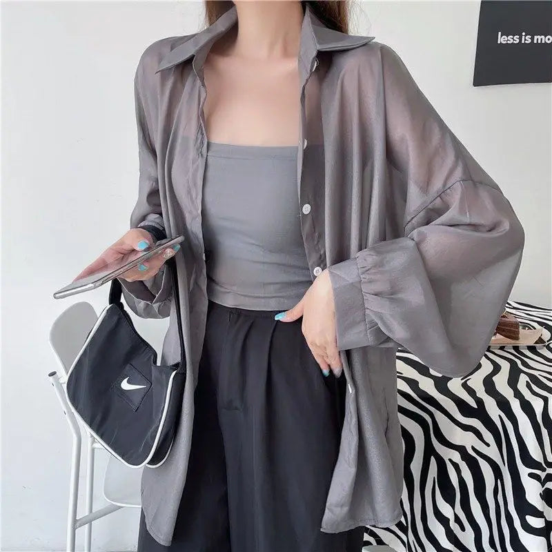 Women's Chiffon Long Sleeve Blouse Loose Fit Thin Cardigan Casual Solid Color Top