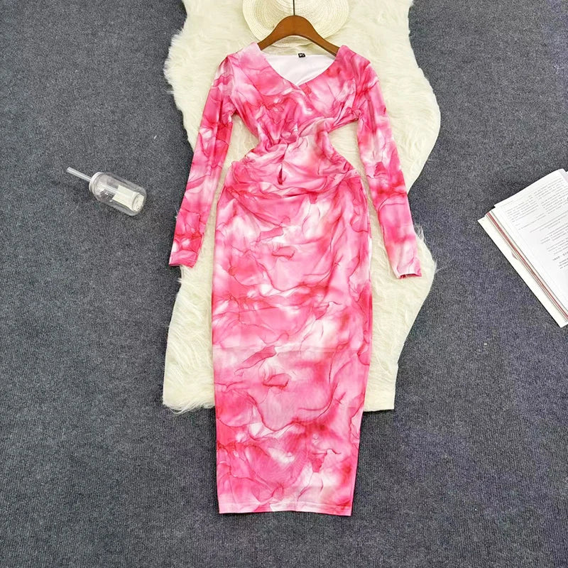 Mesh Print Maxi Dress With V Neck Full Sleeve Bodycon