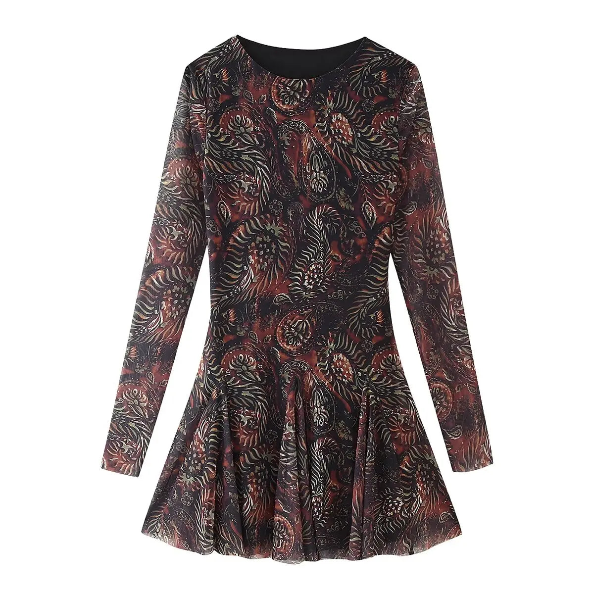 Paisley Floral Mesh Mini Dress With Long Sleeves Pleats